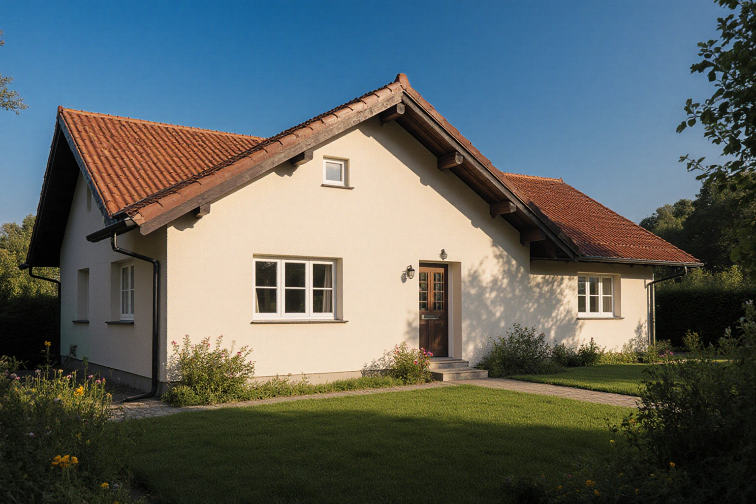 Gepflegtes Einfamilienhaus mit grünem Garten bei Tageslicht